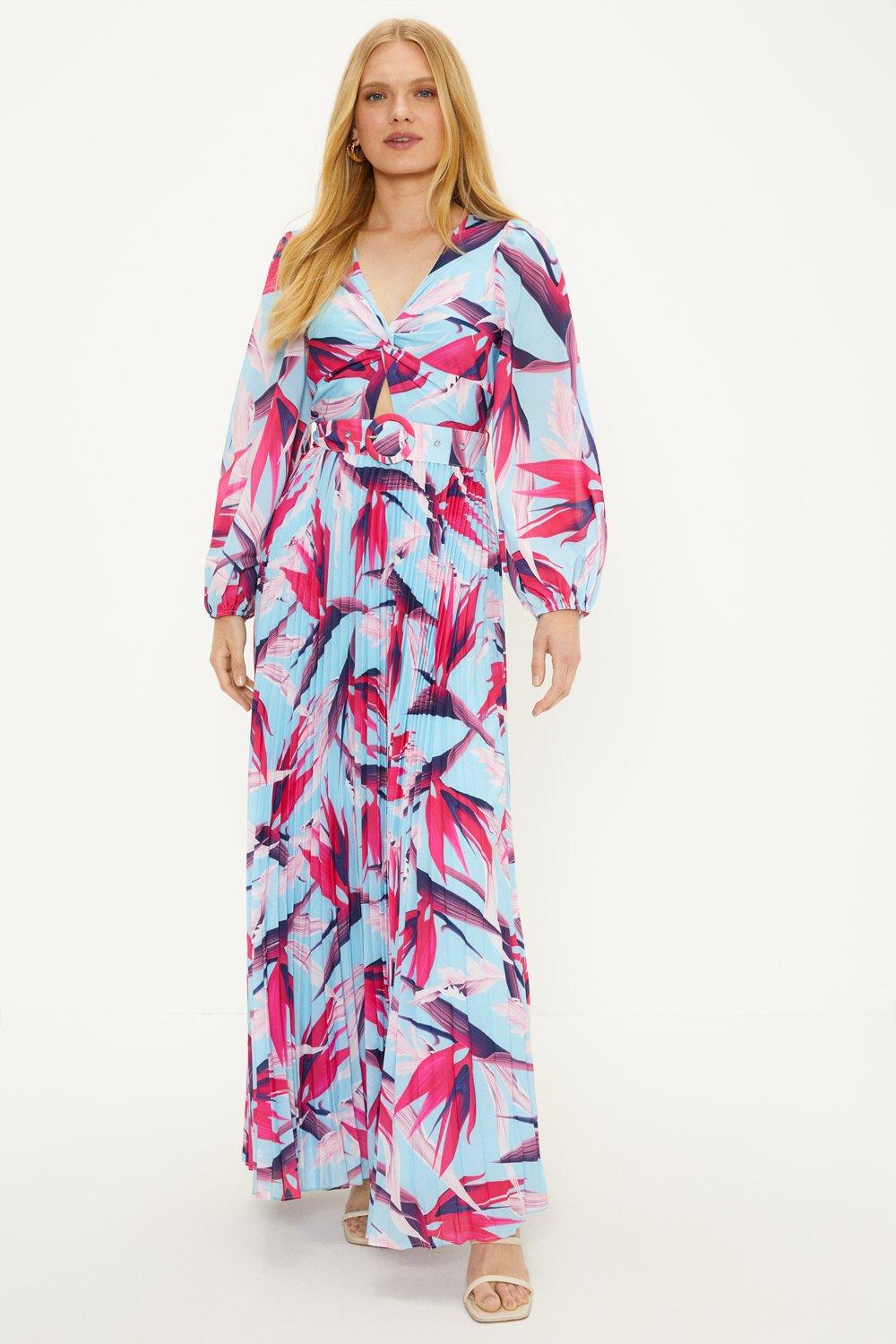 Palm Print Belted Pleated Maxi Dressblue
