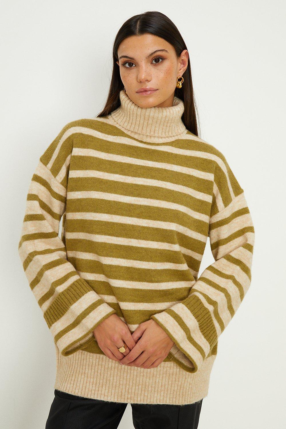 Wool Blend Contrast Stripe Roll Neck