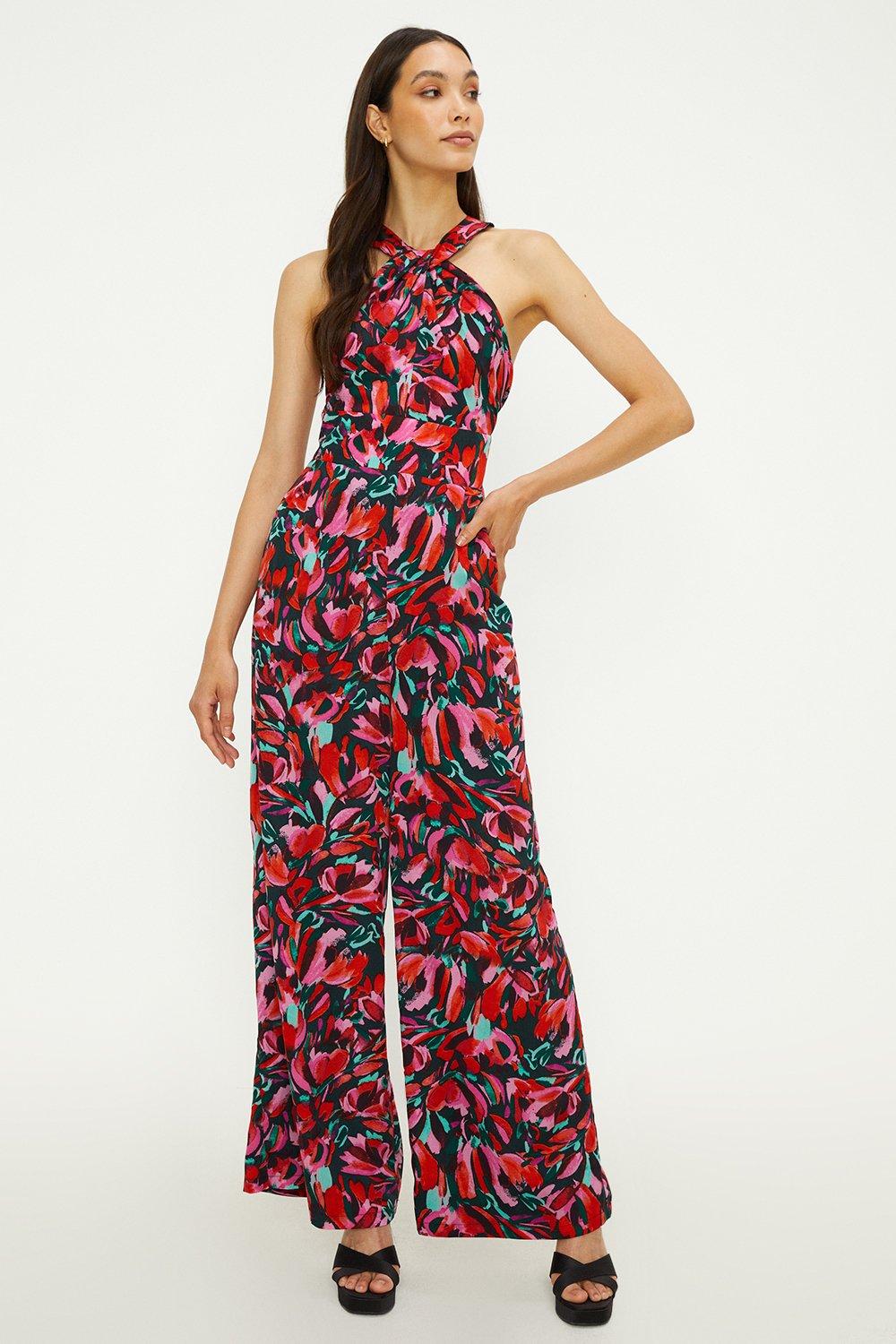 Abstract Print Twist Neck Lined Jumpsuit