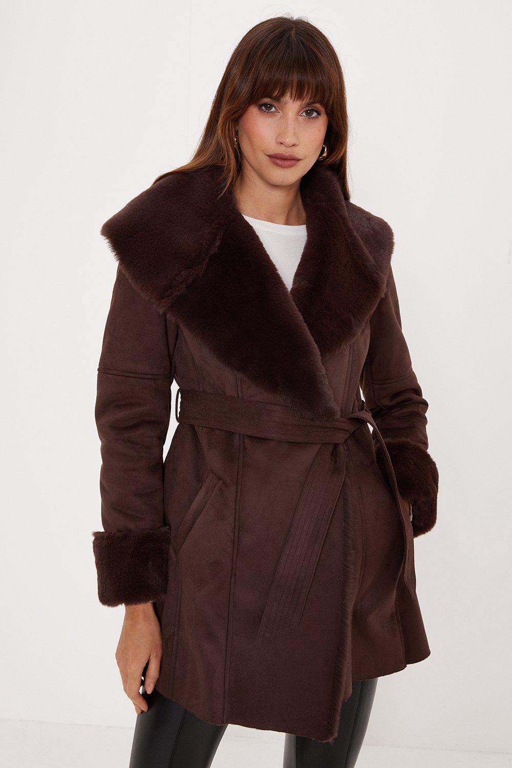 Faux Shearling Collar Belted Short Coat