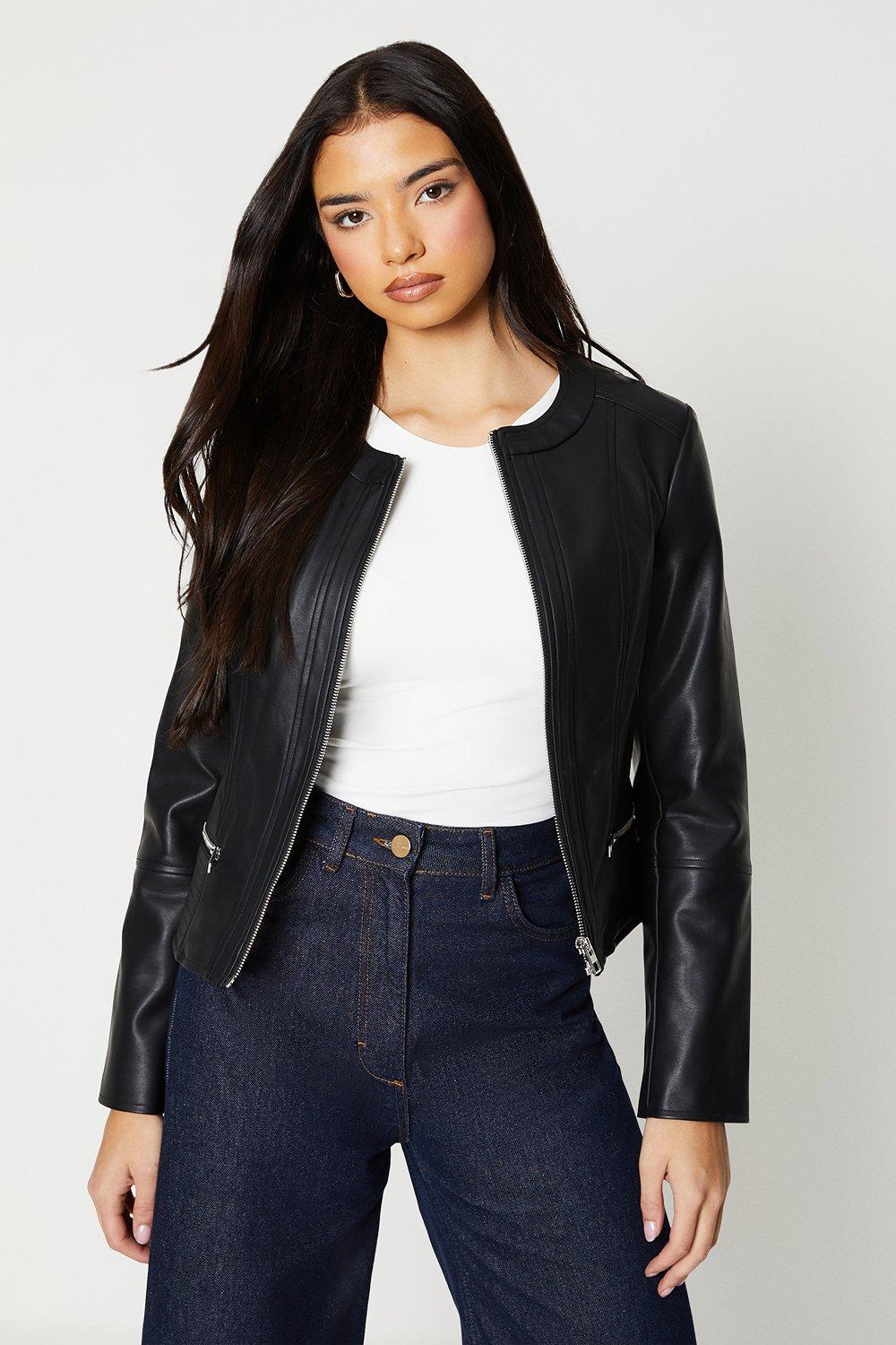 Collarless faux outlet leather biker jacket