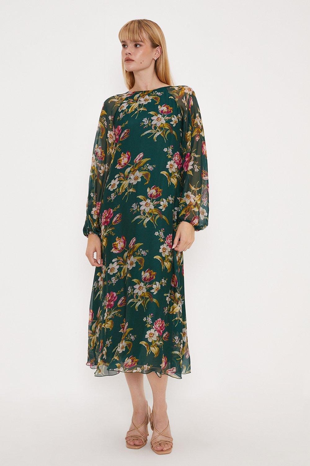 Dresses | Romantic Floral Silk Mix Volume Sleeve Midi Dress | Oasis