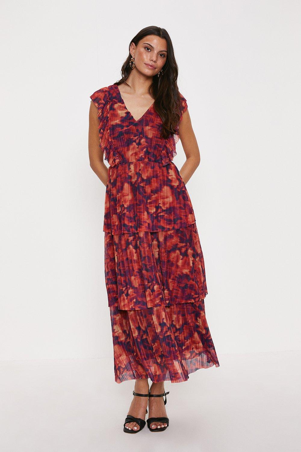 Burnout Floral Plisse Frill Sleeve Detail Tiered Midi Dress