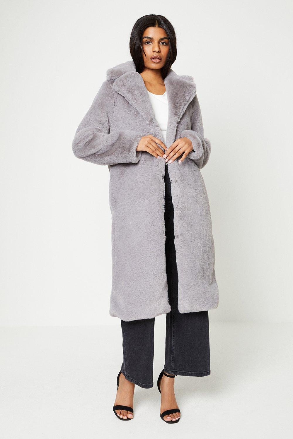 Petite Plush Faux Fur Open Collar Coat