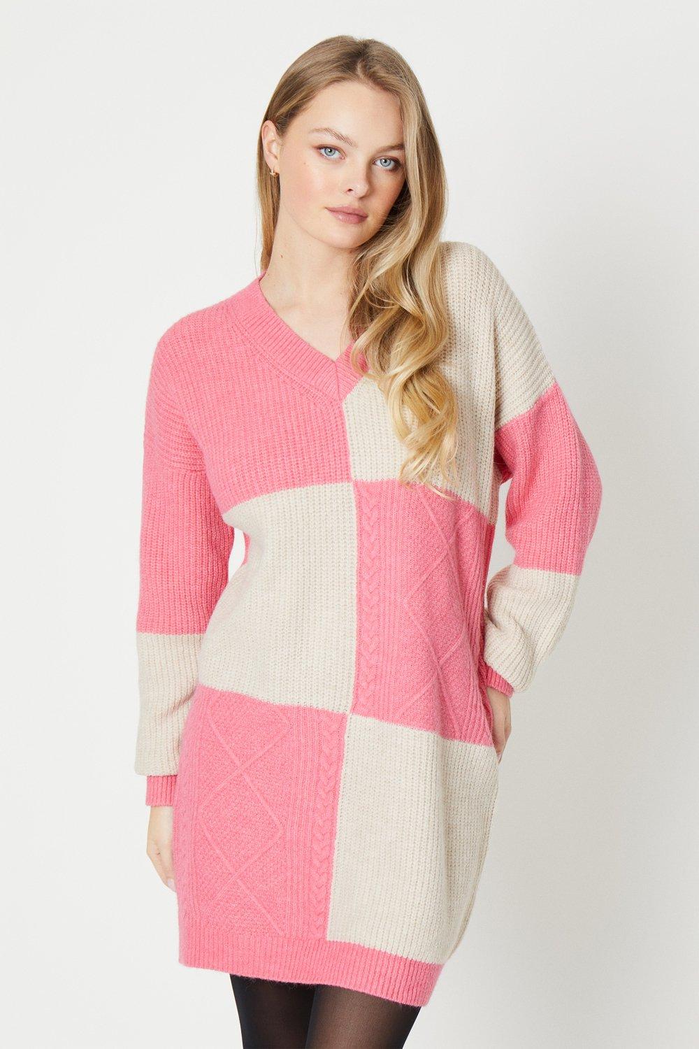 V Neck Check Cable Oversized Sweater Dresspink