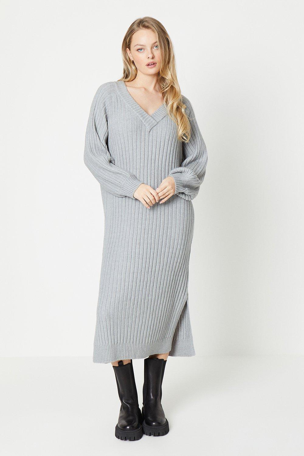 V Neck Midi Oversized Sweater Dressgrey