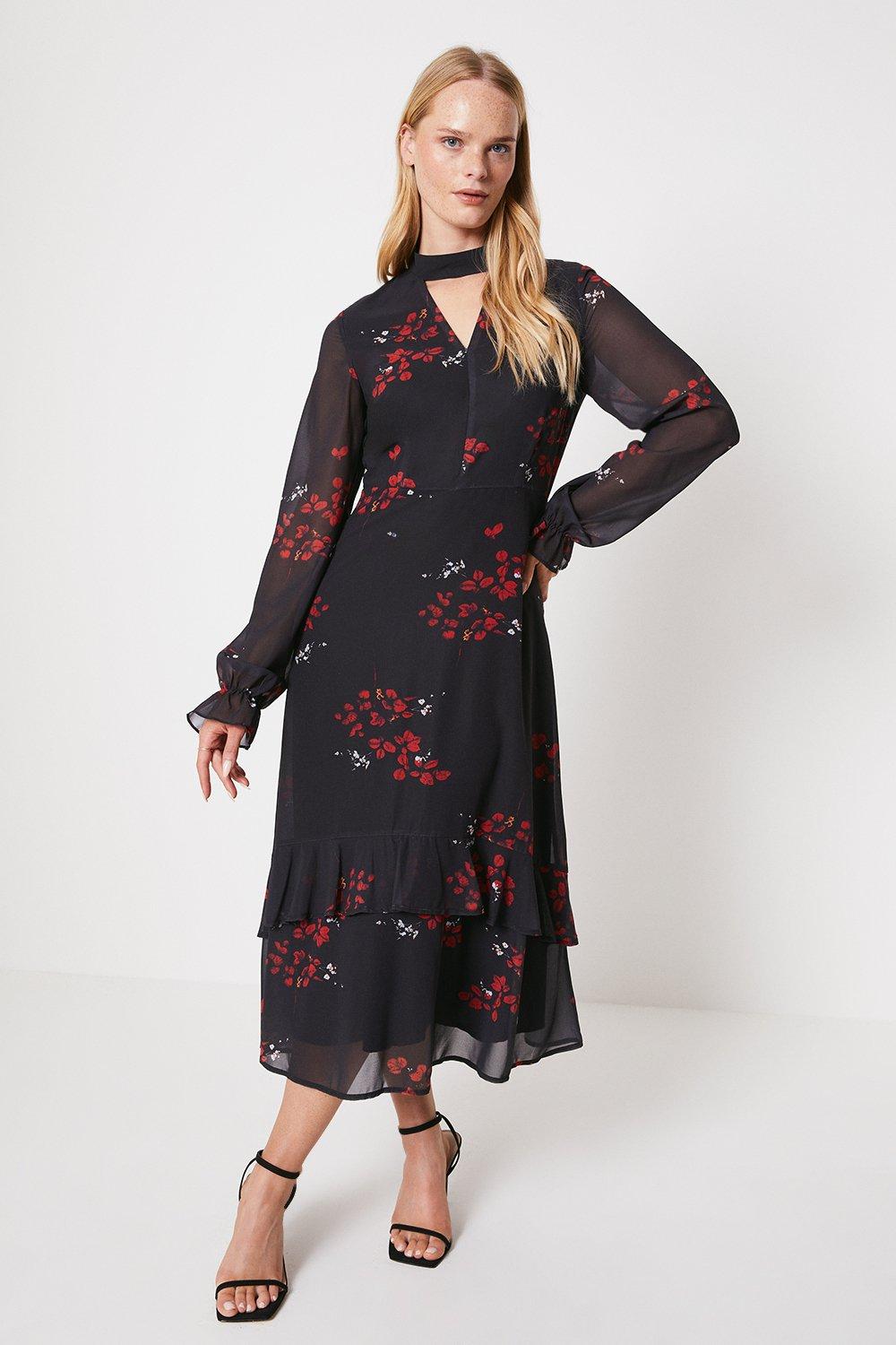 Red Delicate Floral Keyhole Detail Midi Dress