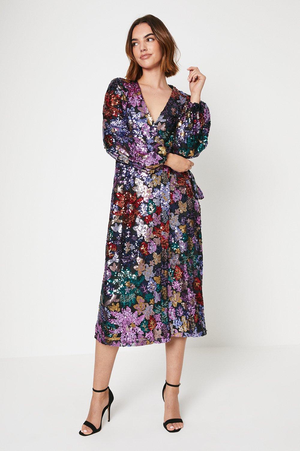 Floral Sequin Wrap Midi Dress