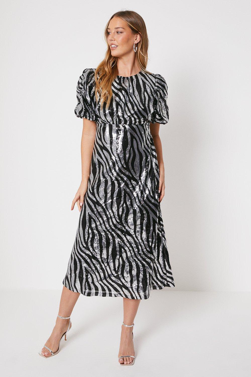Zebra Sequin Puff Sleeve Midi Dress