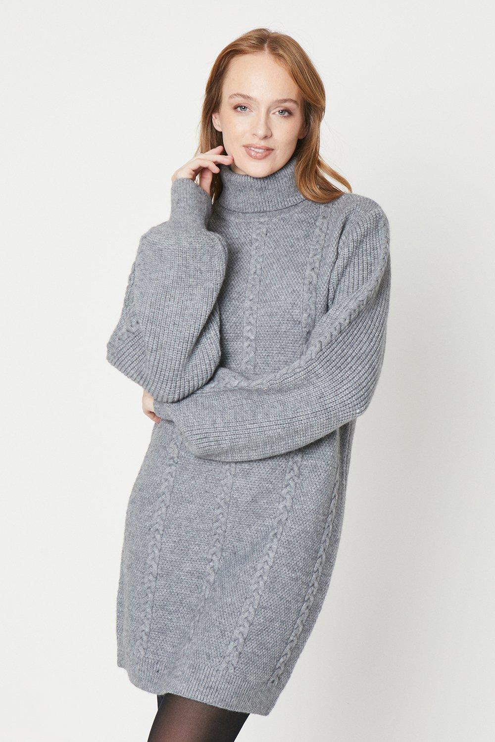Chunky Cable Knit Roll Neck Dresscharcoal