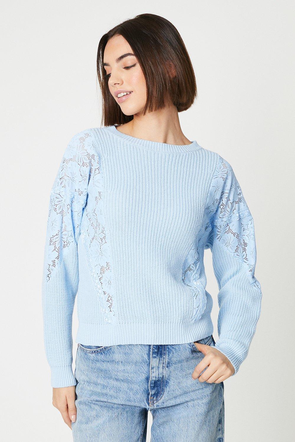 Lace Insert Ribbed Sweaterblue