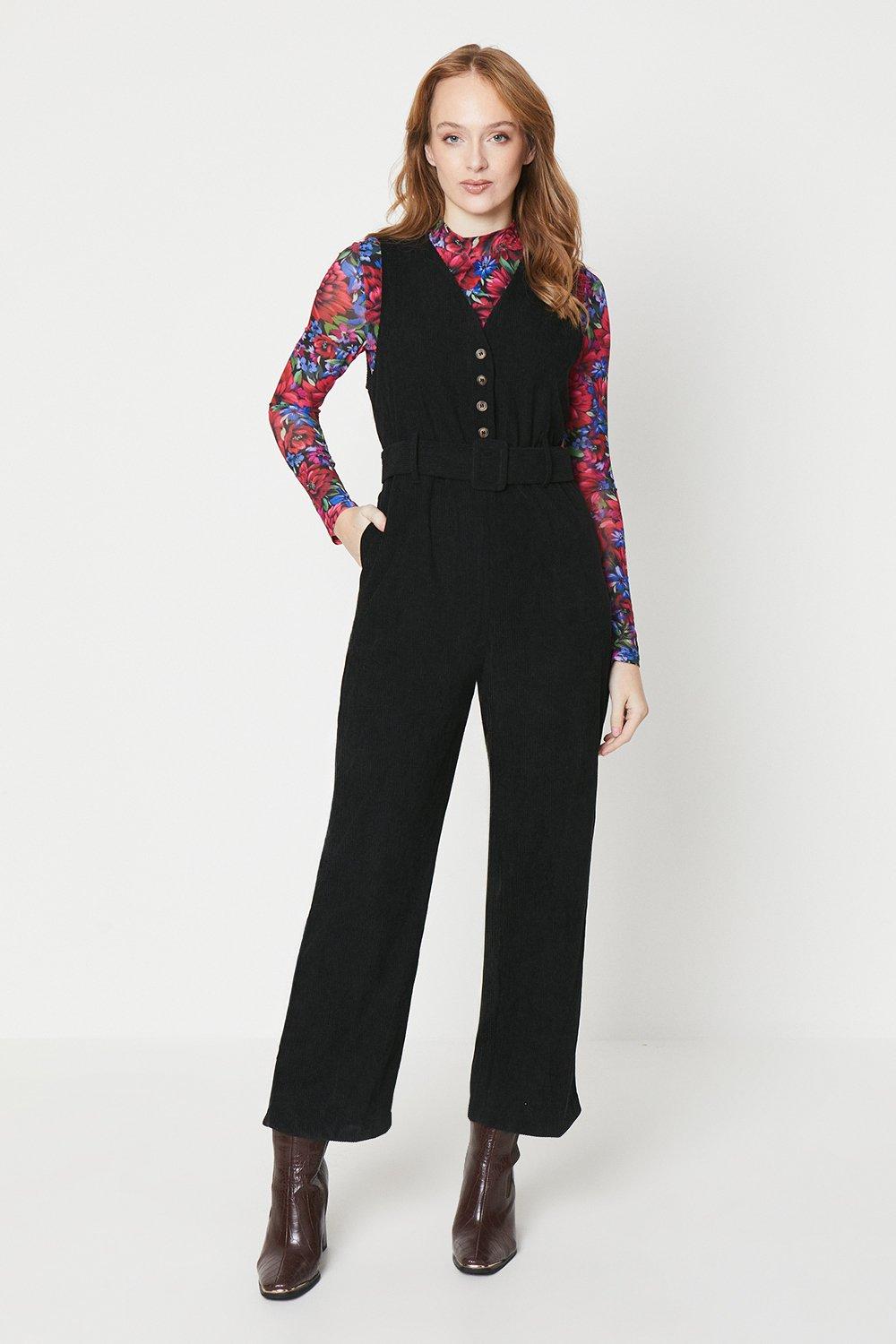 Petite Cord Sleeveless Button Through Belted Jumpsuit