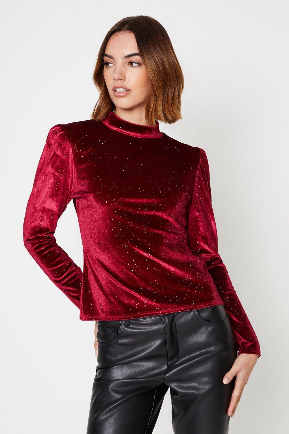 Tops | Glitter Velvet Puff Sleeve Top | Oasis