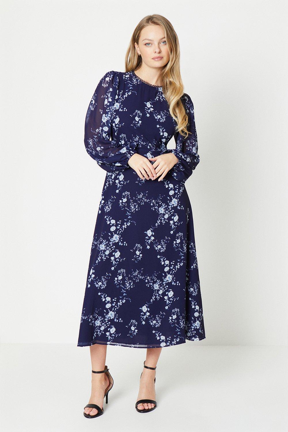 Blue Floral Lace Trim Empire Seam Maxi Dress