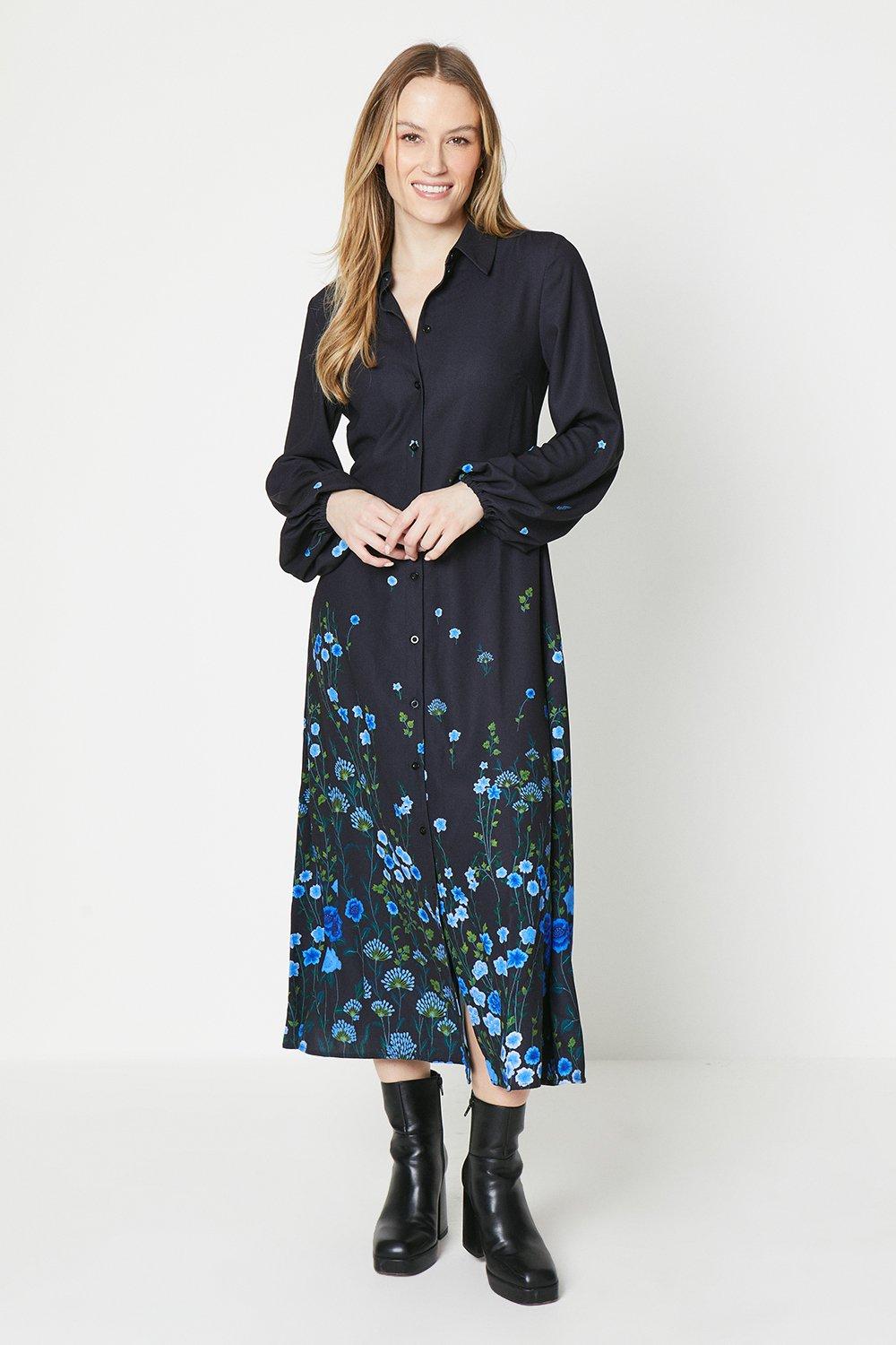 Blue Floral Placement Print Midi Shirt Dress