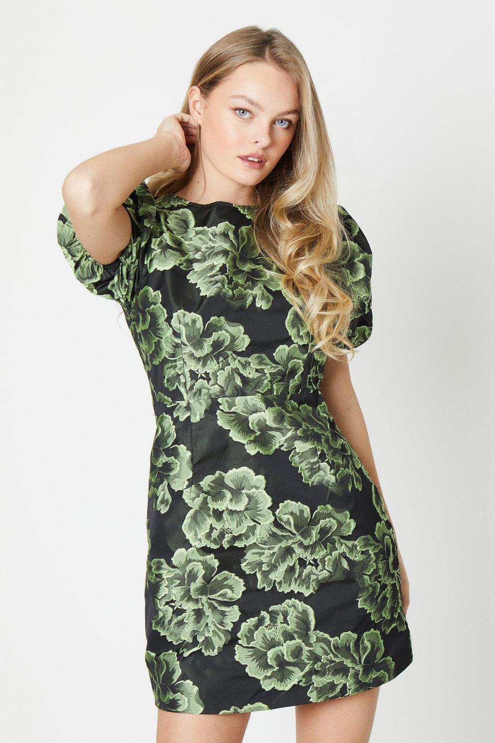 Green Floral Jacquard Puff Sleeve Mini Dress