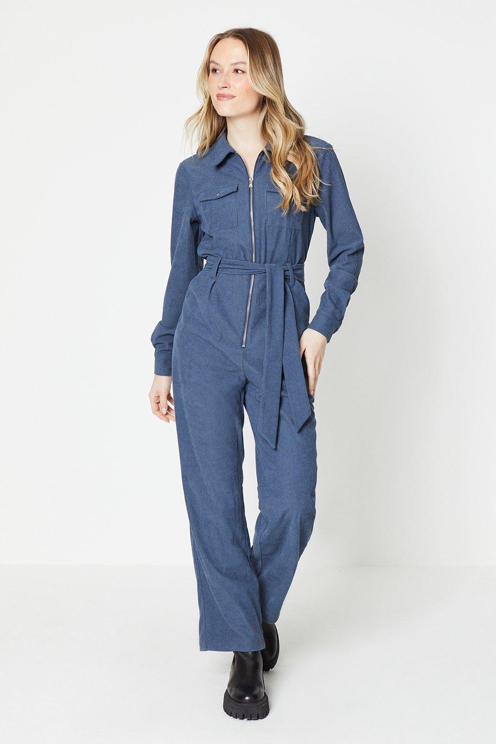 Cord Zip Front Belted Boilersuitblue