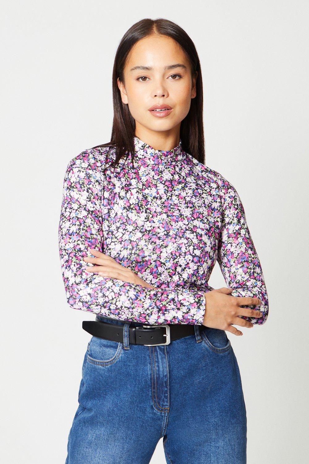 Petite Floral Funnel Long Sleeve Jersey Top