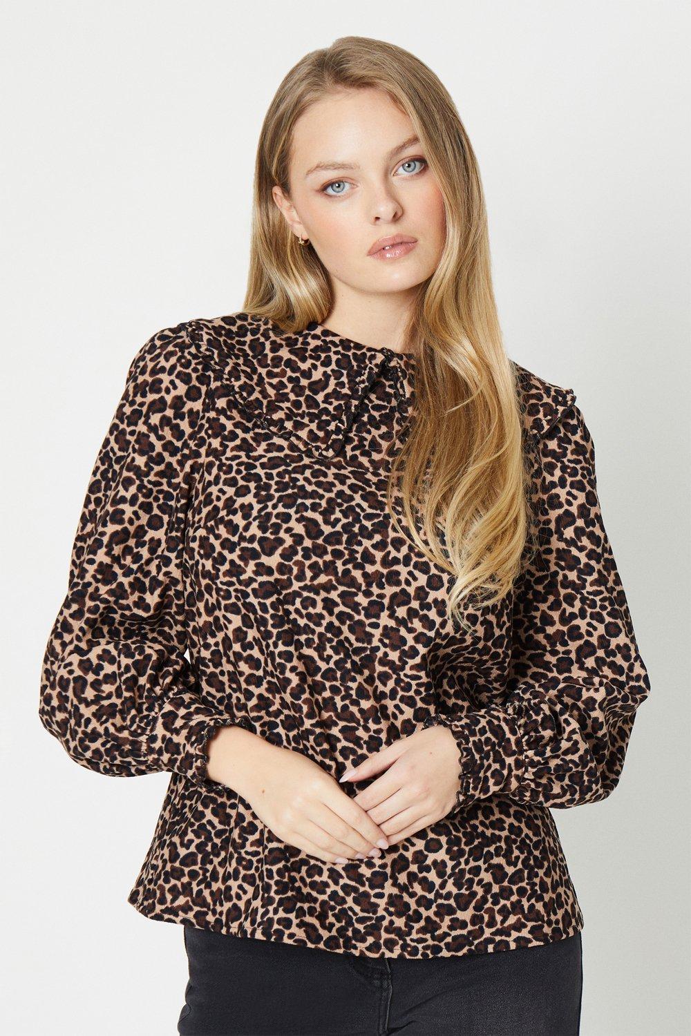 Printed Cord Long Sleeve Collared Top