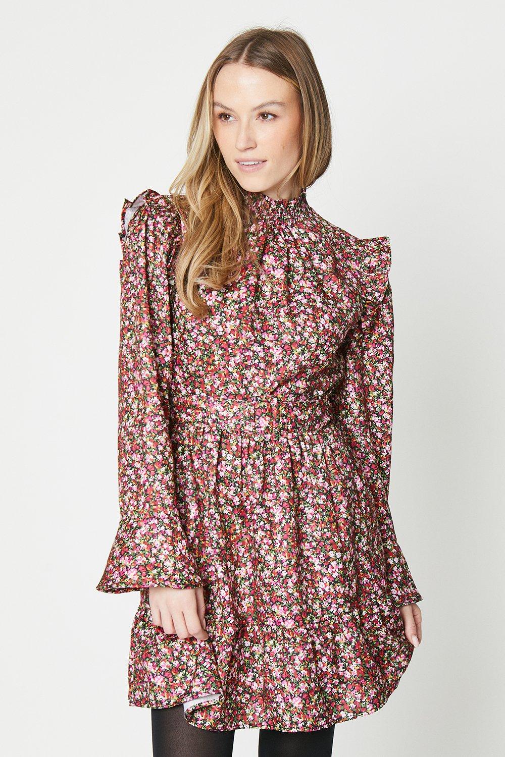 Dresses | Ditsy Floral Ruffle Shirred Neck Mini Dress | Oasis