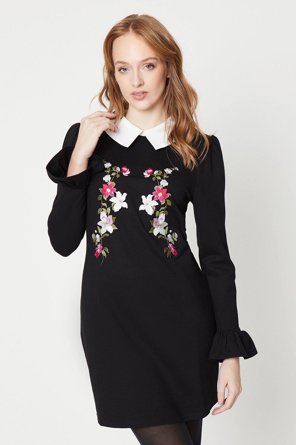 Premium Ponte Collar Floral Embroidered Dressblack