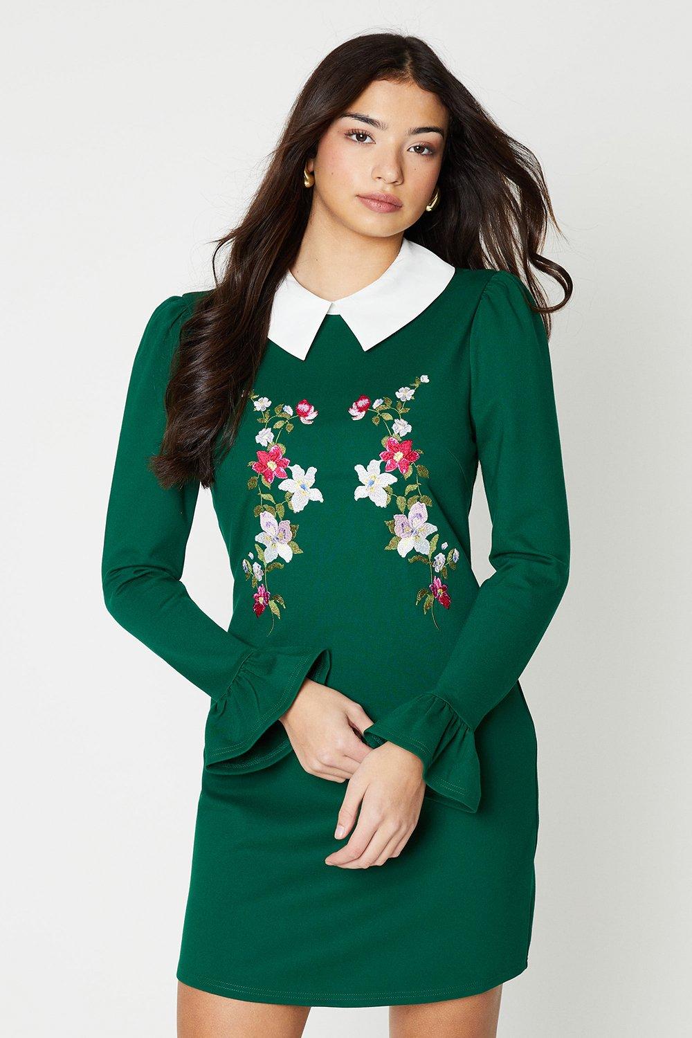 Premium Ponte Collar Floral Embroidered Dressdark green