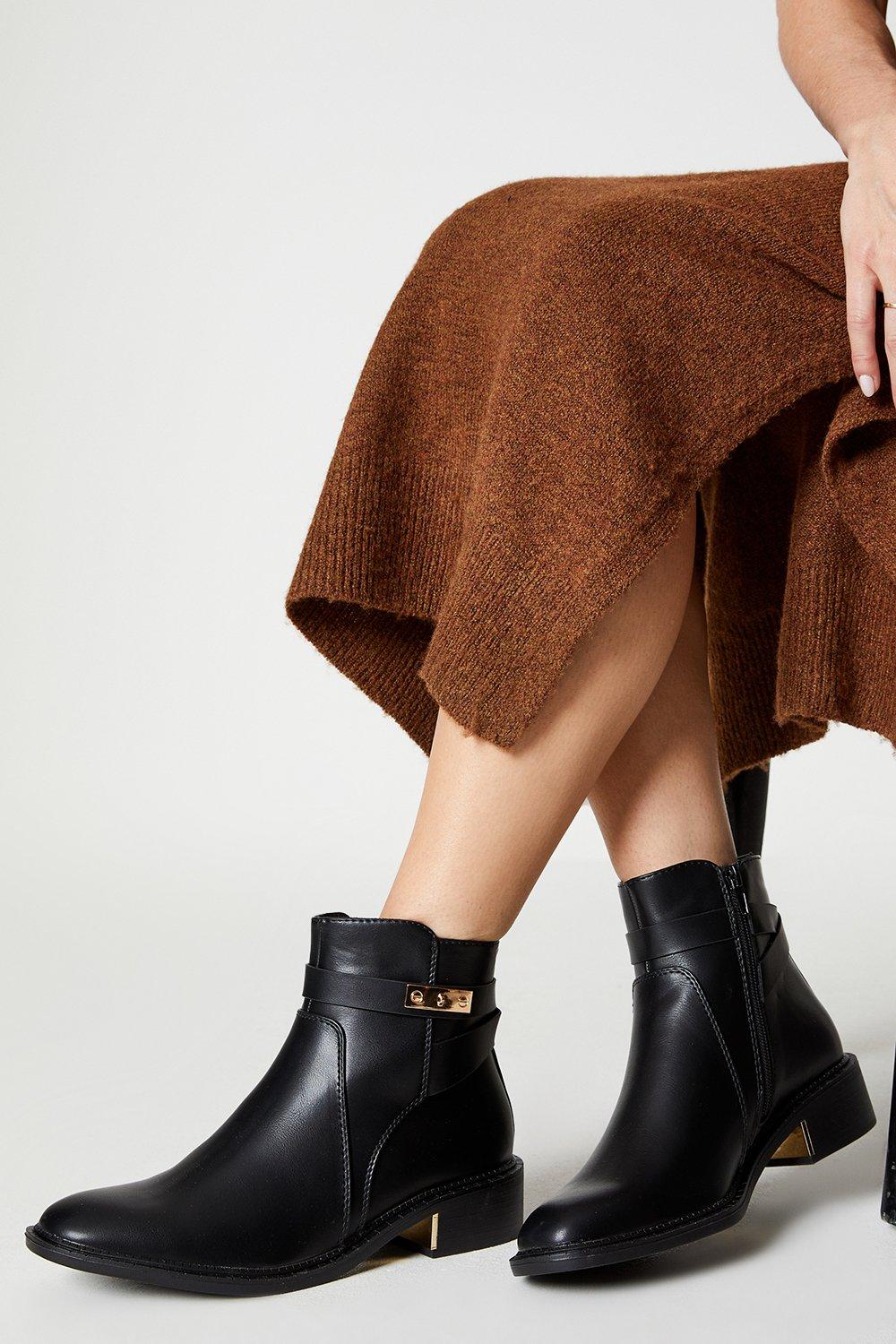Metal Trim Detail Low Heel Riding Ankle Boots