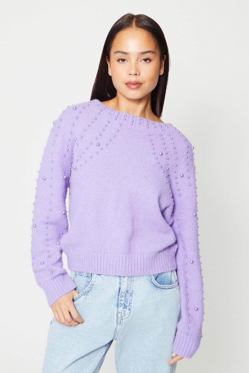 Petite Pearl Detail Knitted Cosy Jumperlilac