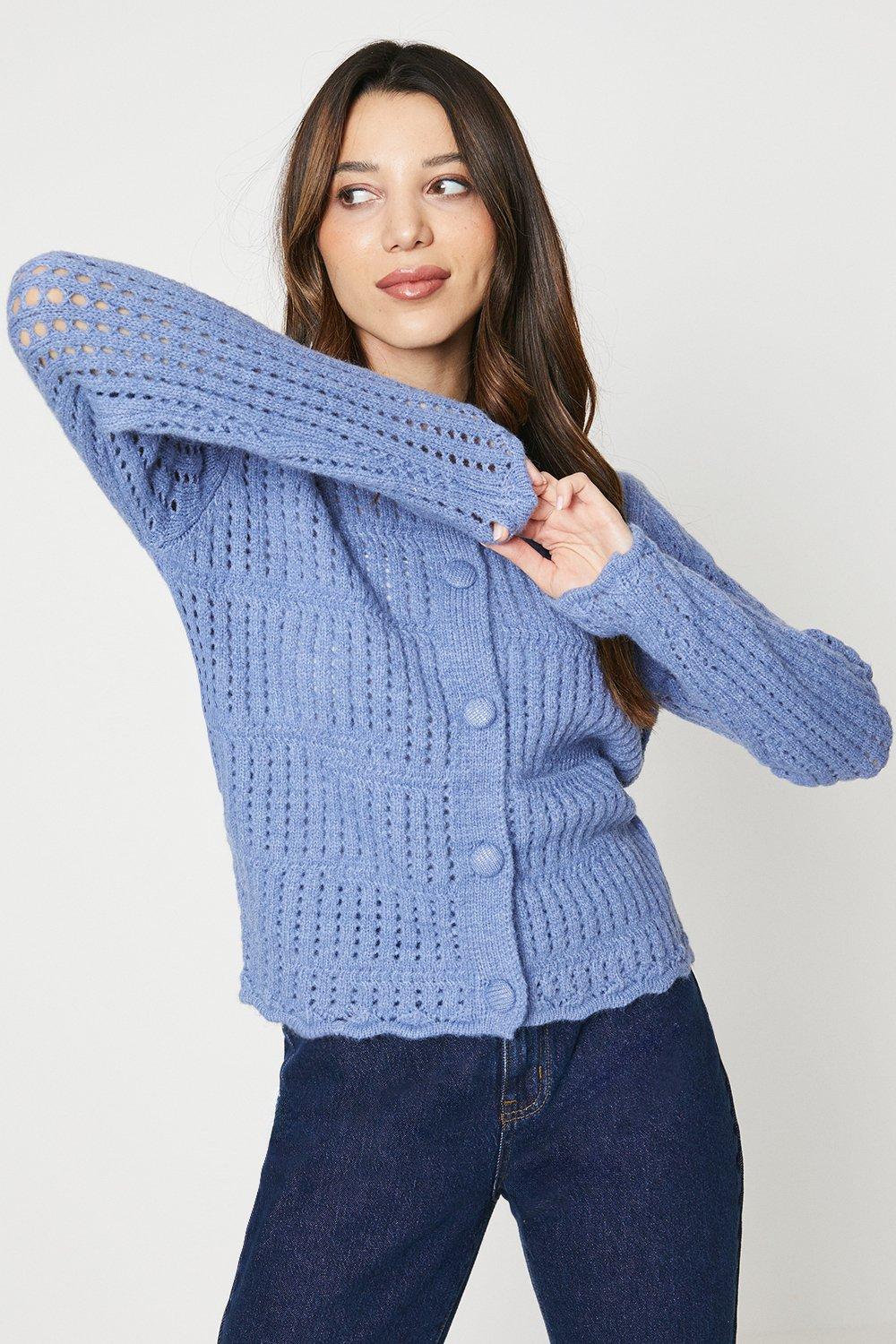 Petite Crochet Knit Crop Cardigandenim-blue