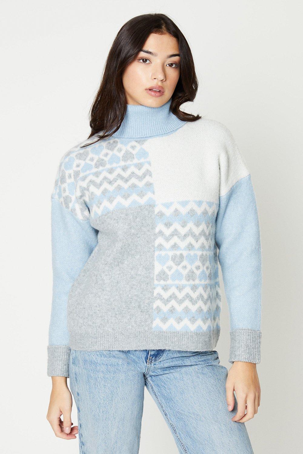 Contrast Print Roll Neck Sweater