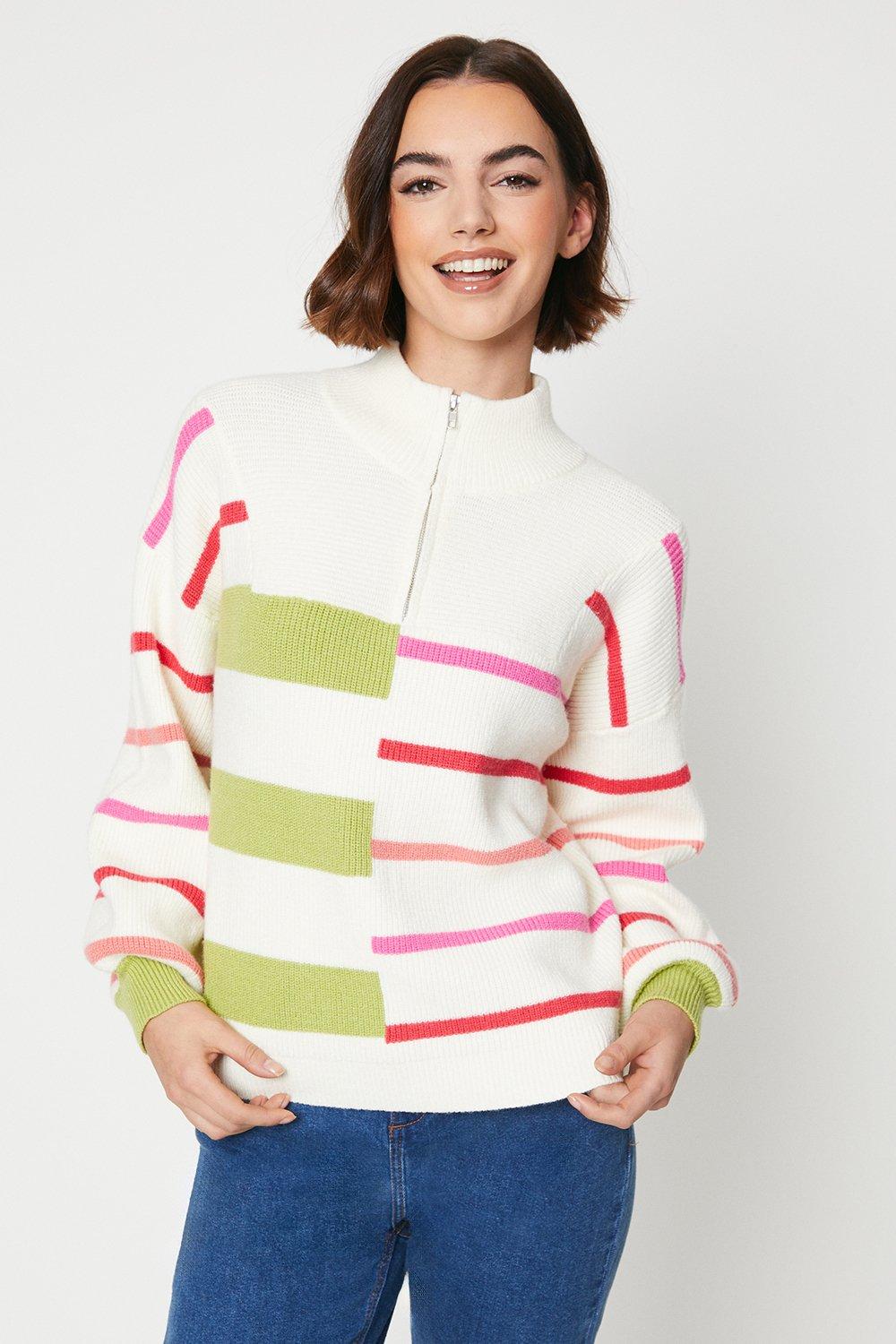 Rib Funnel Neck  Stripe Sweater