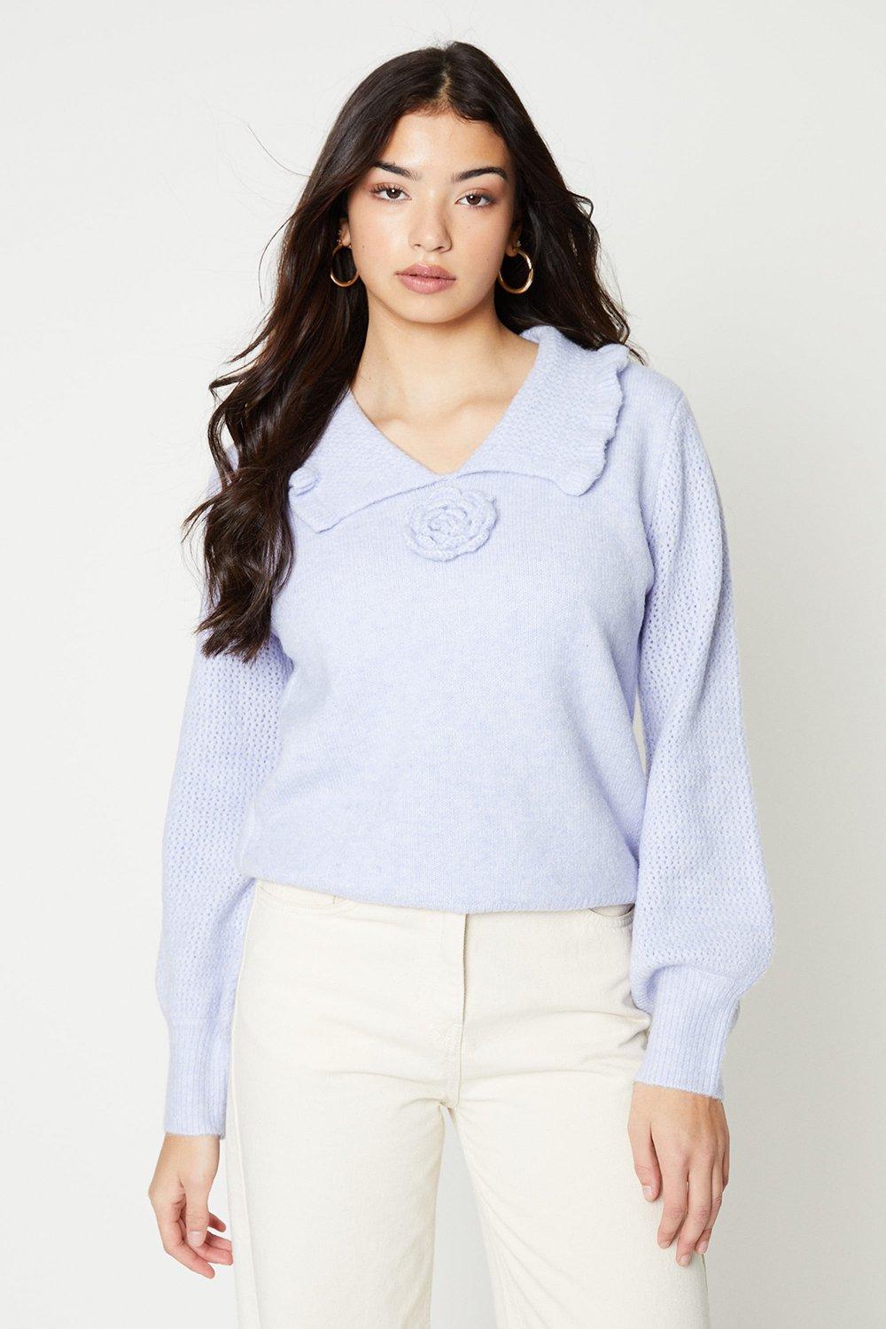 Pointelle Sleeve Corsage Sweaterblue