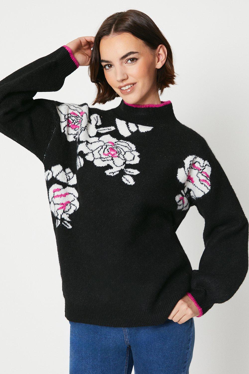 Hand Embroidered Jacquard Floral Sweater