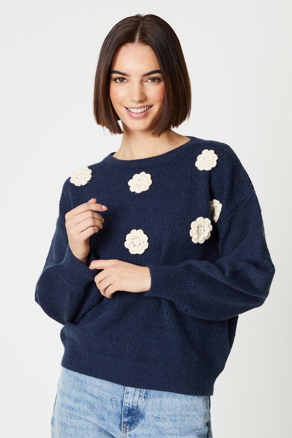 Hand Crochet Pointelle Corsage Sweater
