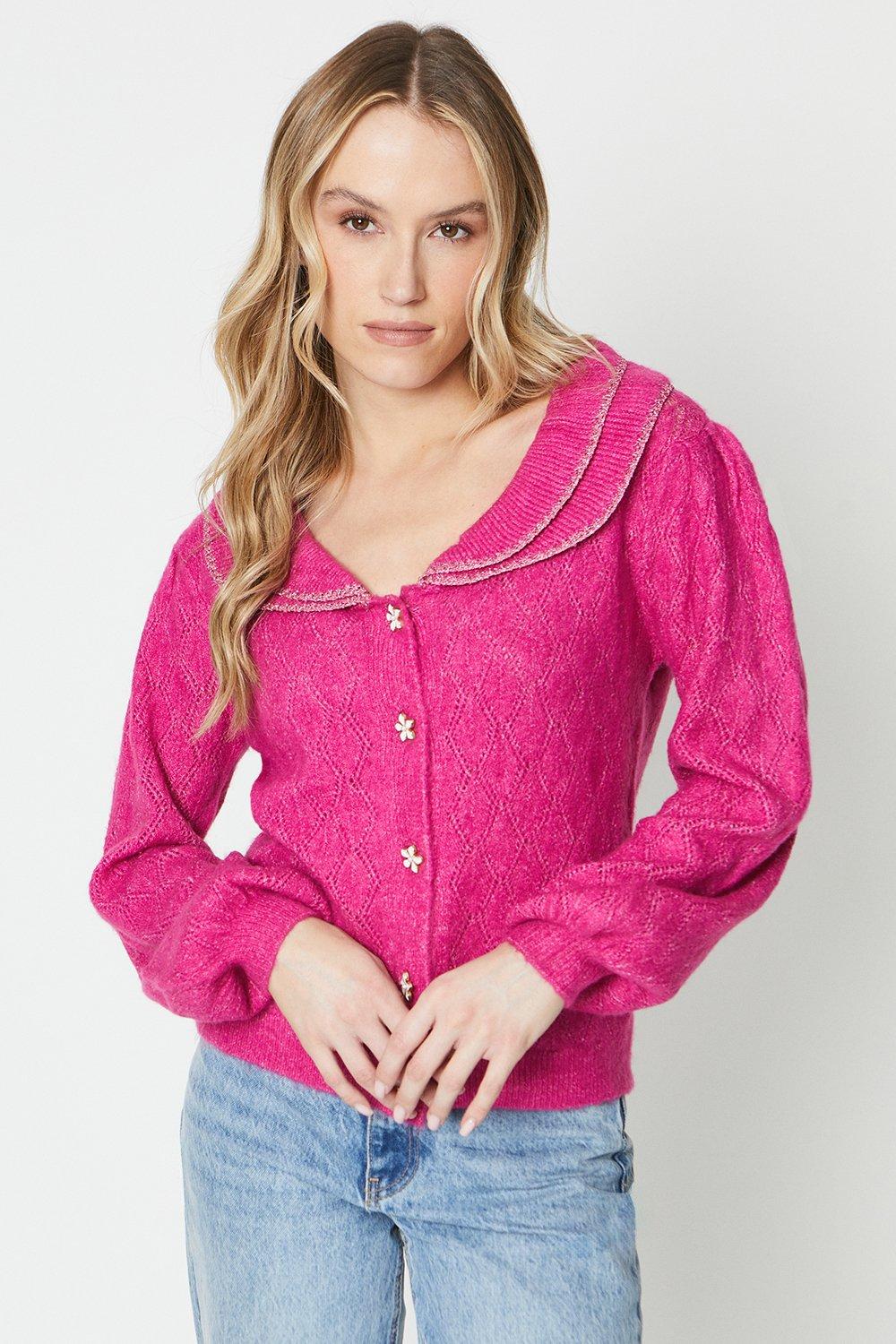 Pointelle Cardigan With Frill Collarpink