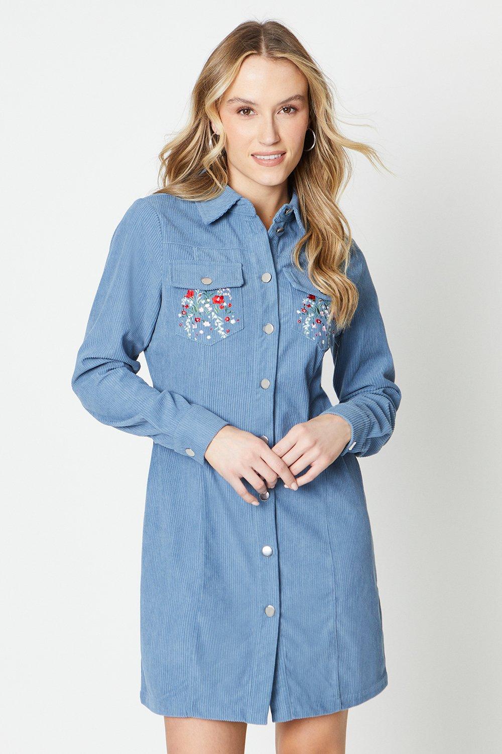 Cord Embroidered Pocket Button Shirt Dress