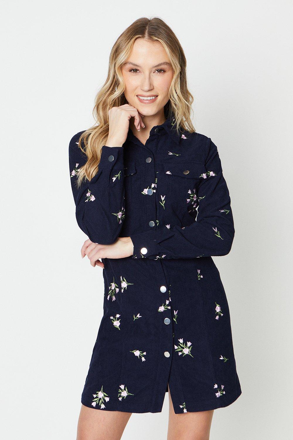 Cord Floral Embroidered Button Shirt Dress