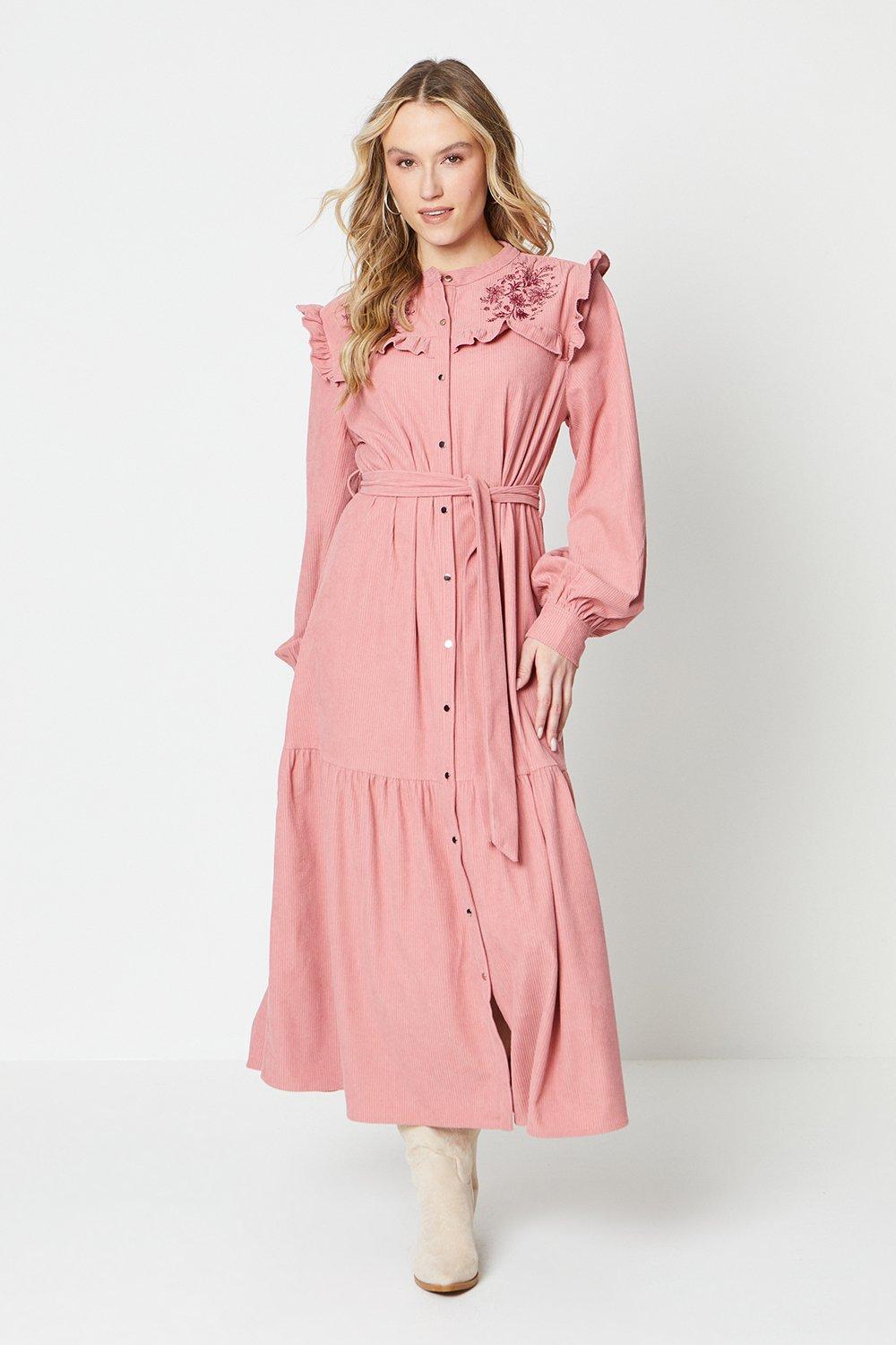 Cord Embroidered Frill Belted Midi Dress