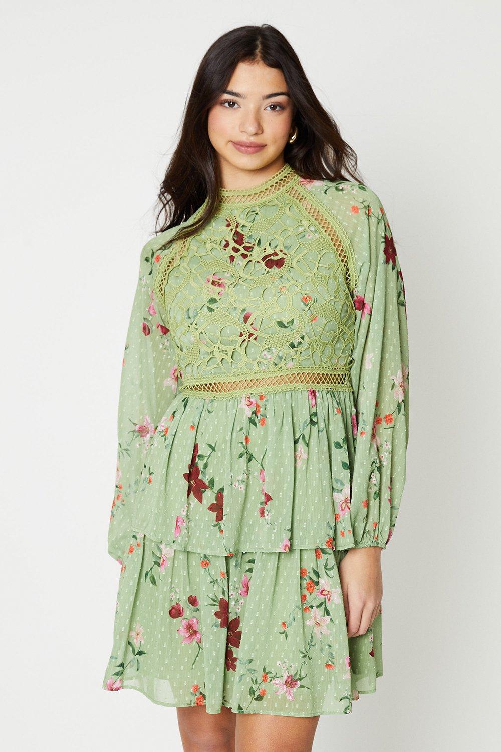 Floral Lace Trim Dobby Chiffon Tiered Mini Dress