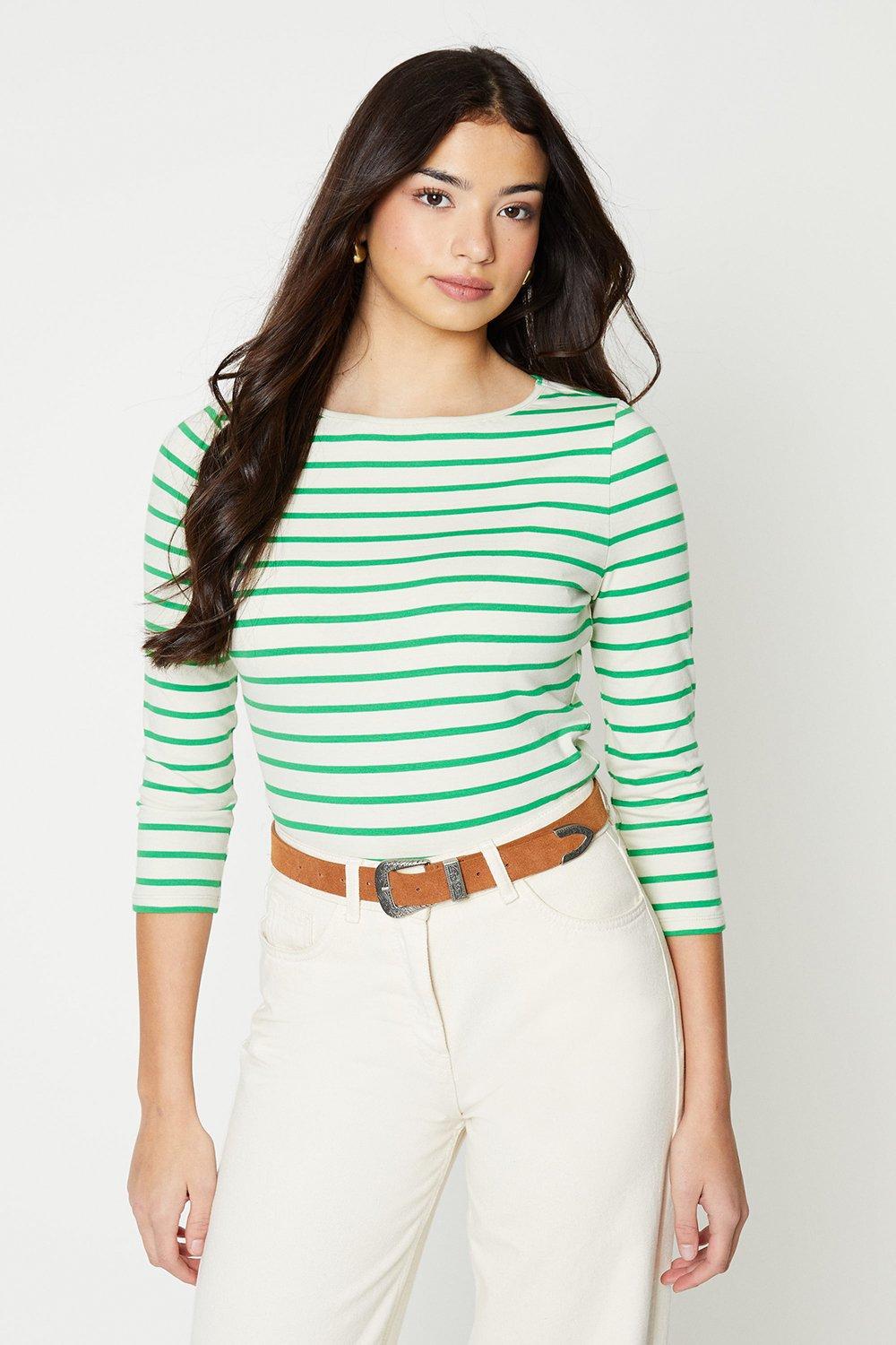 Stripe Slash Neck 3/4 Sleeve Jersey Topgreen