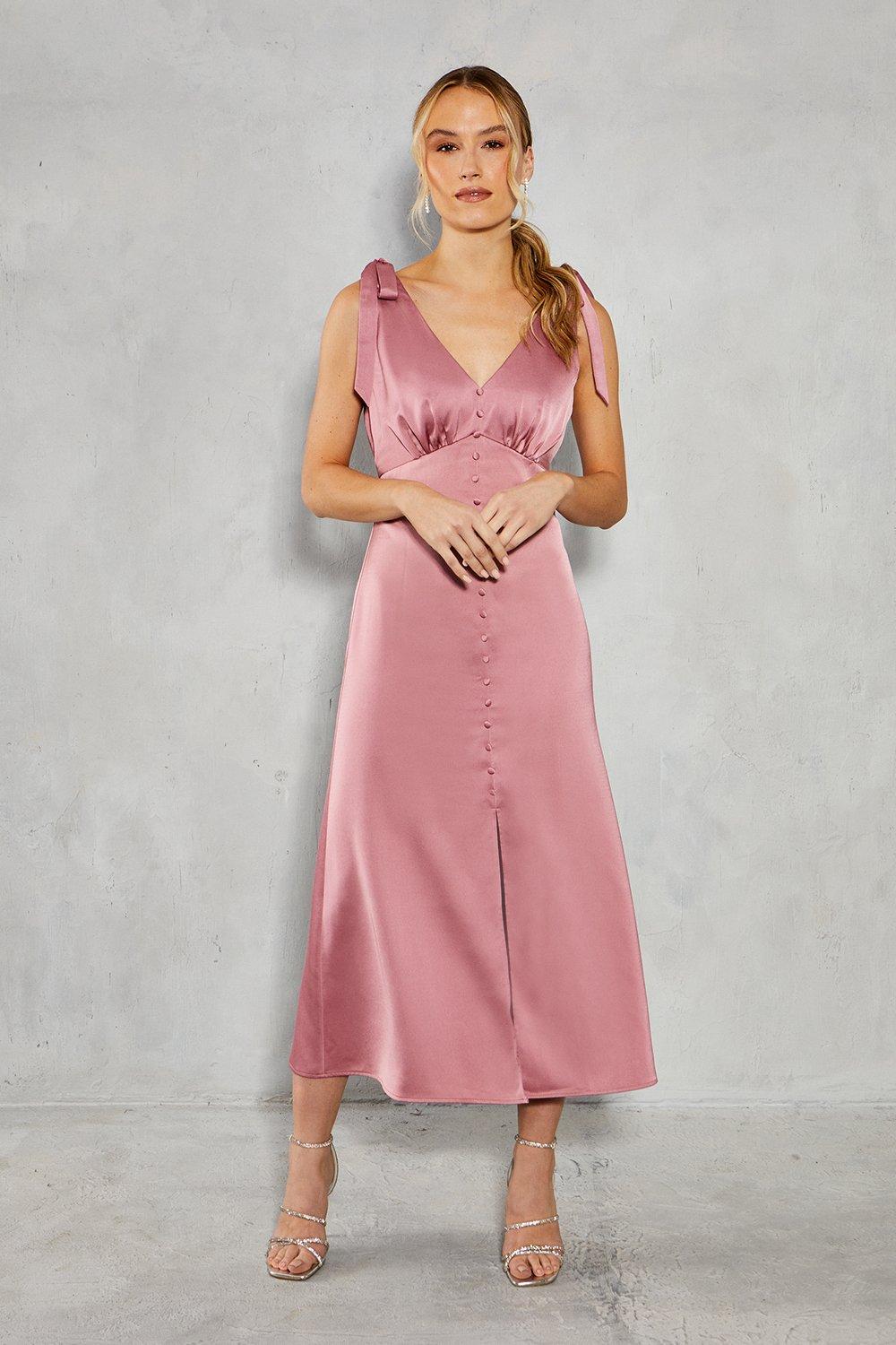 Satin Button Front Tie Shoulder Midi Bridesmaids Dressrose pink