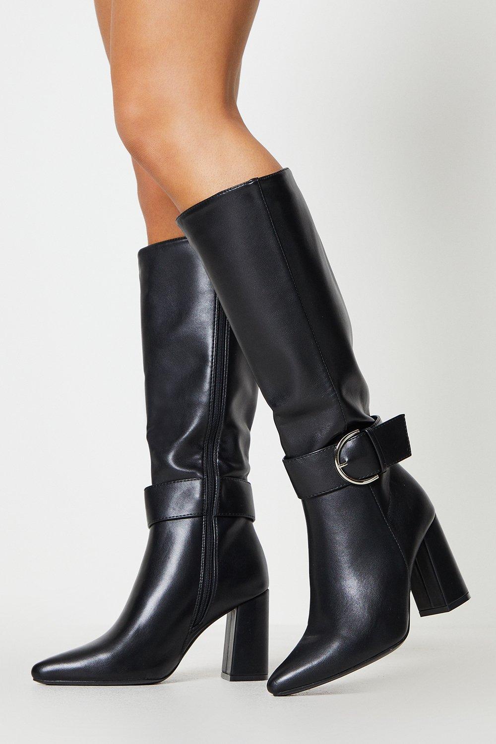 Boots | Jodie Block Heel Buckle Detail Pointed Knee High Boots | Oasis