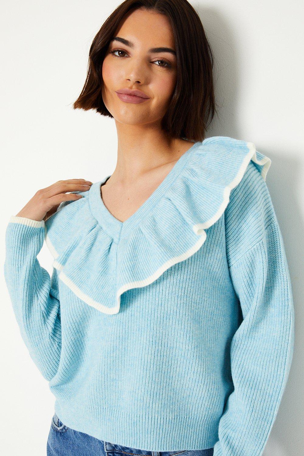 Frill Collar V Neck Sweaterblue