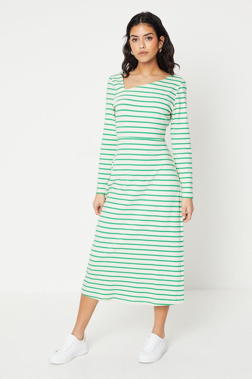 Petite Stripe Asymmetric Neck Long Sleeve Midi Dress
