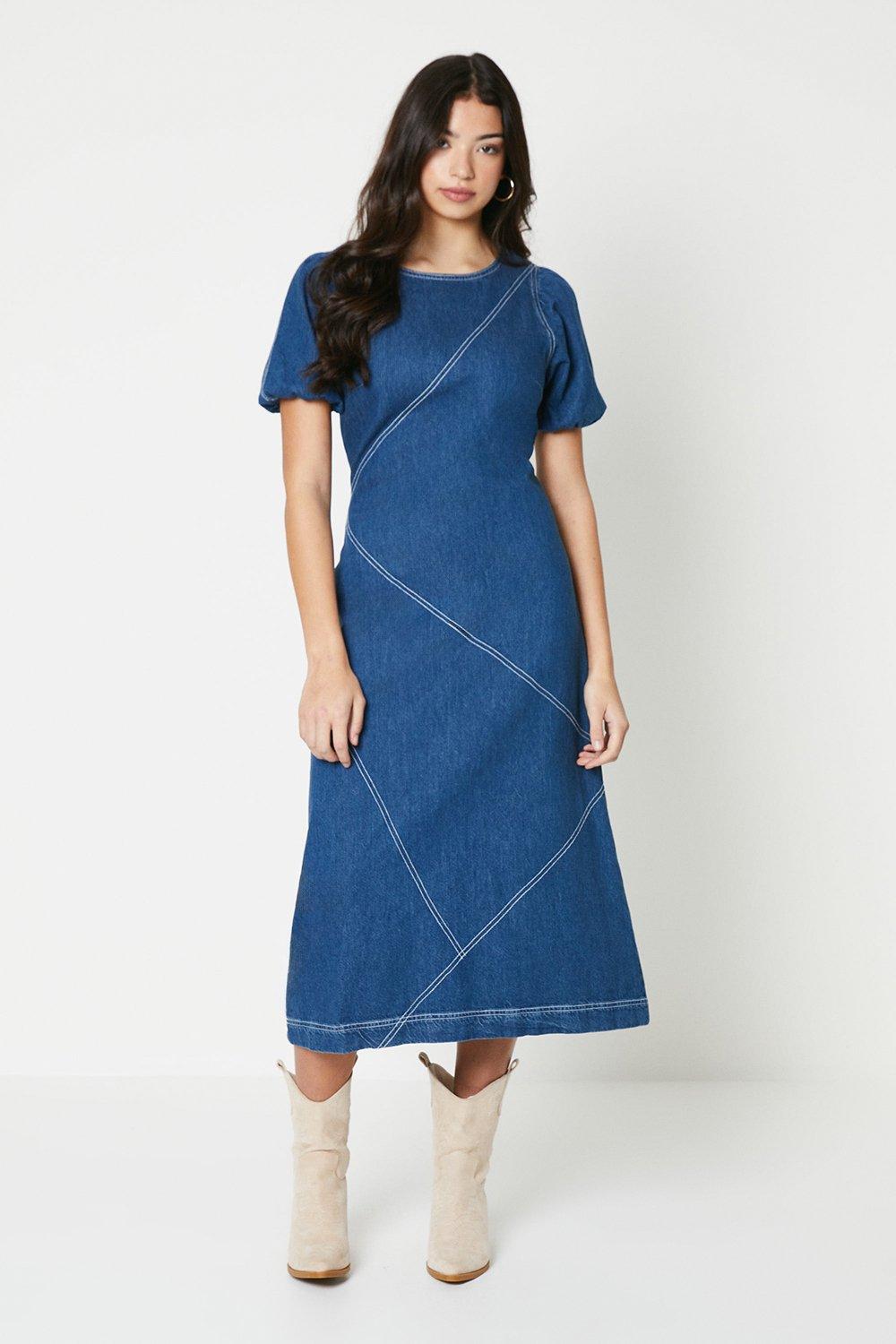 Puff Sleeve Stitch Detail Denim Midi Dress