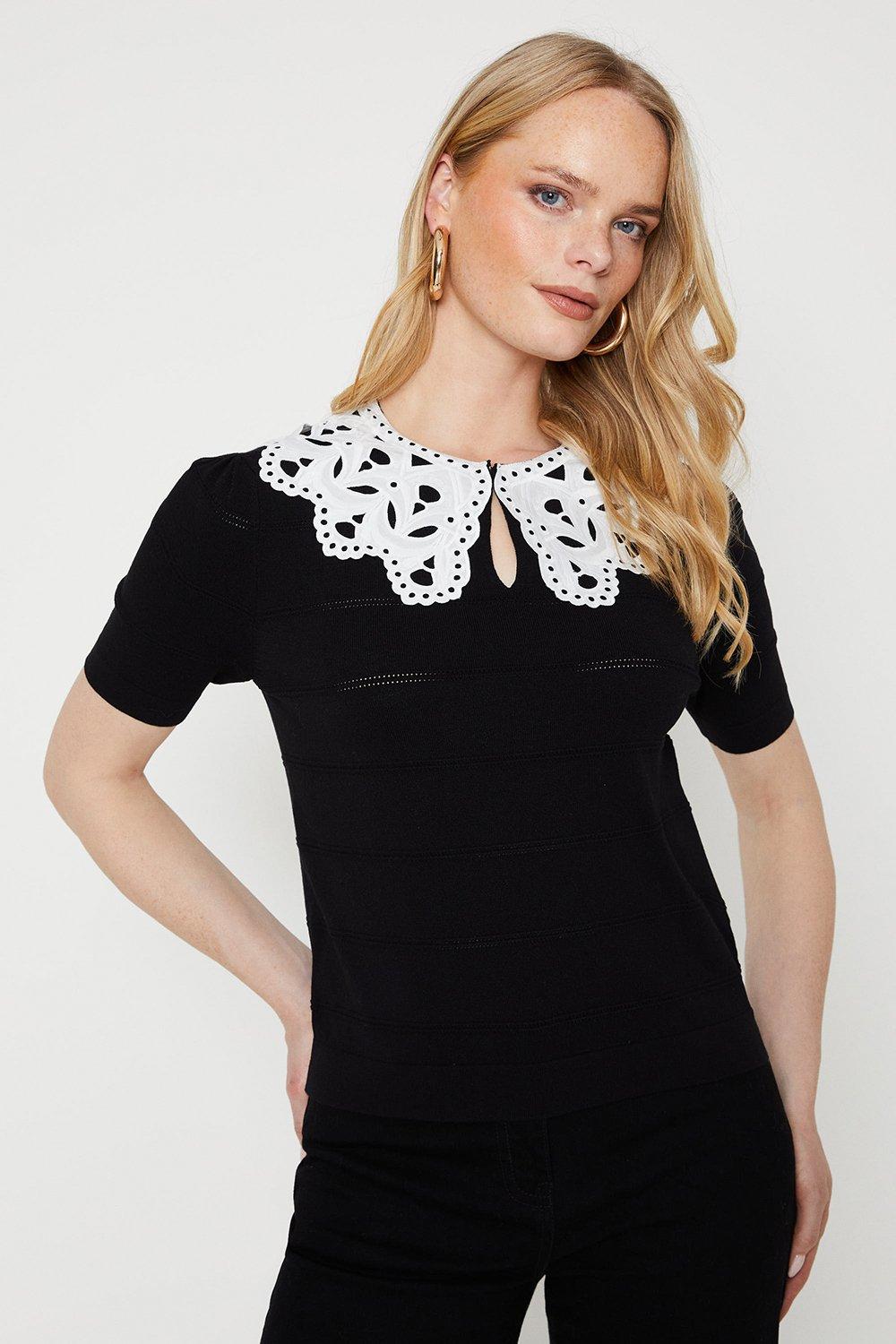Broderie Lace Collar Knitted Topblack