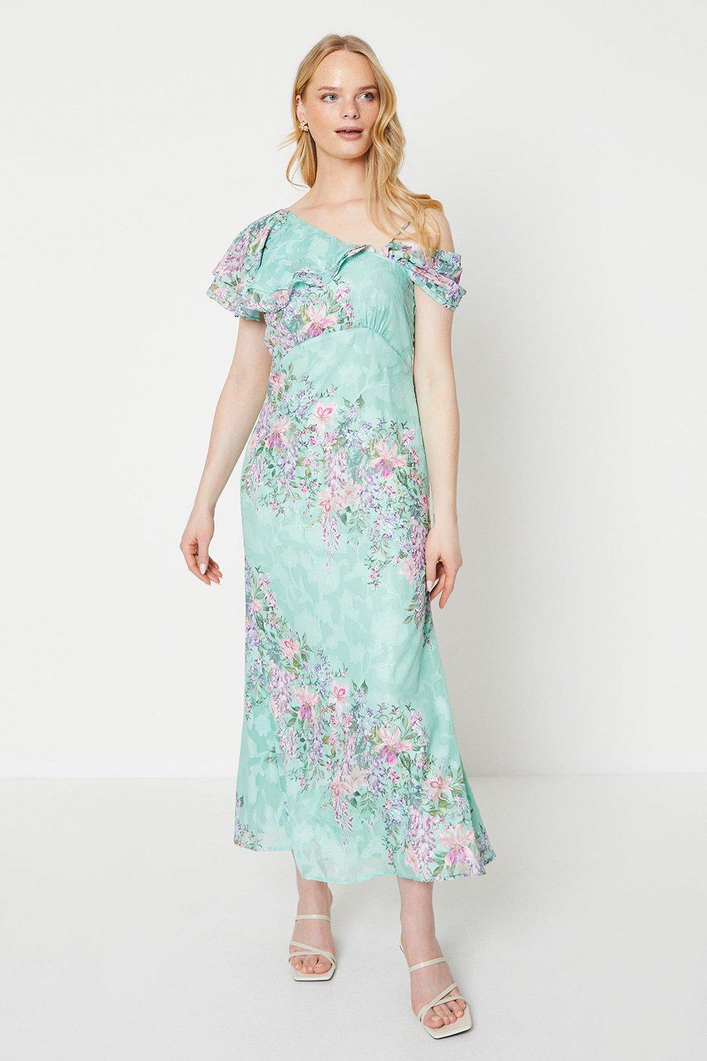 Floral Asymmetric Frill Satin Burnout Maxi Dress