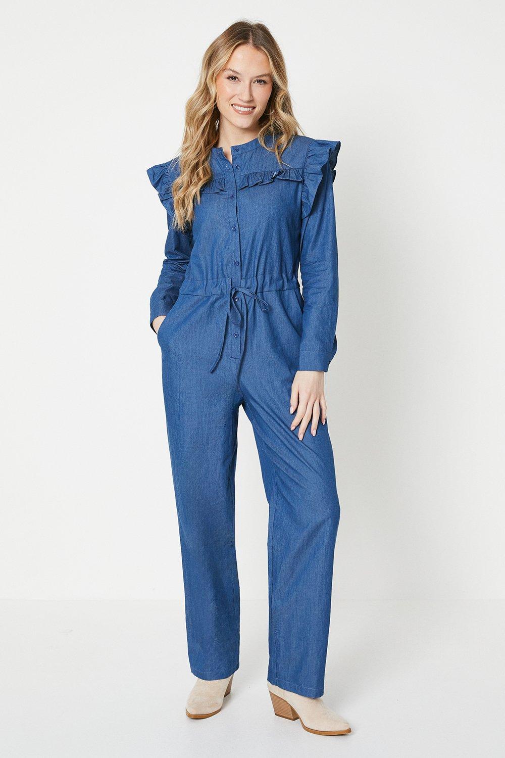 Chambray store ruffle jumpsuit