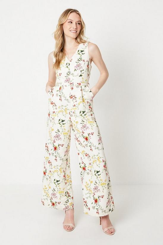 Oasis Ivory Floral Ottoman Twill Belted Wide Leg Jumpsuit 1