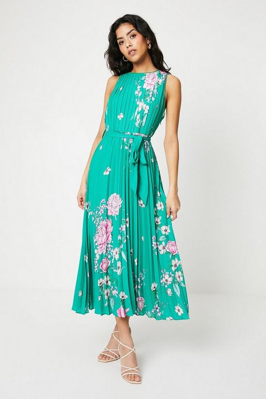 Oasis Petite Green Floral Pleated Belted Midi Dress 1